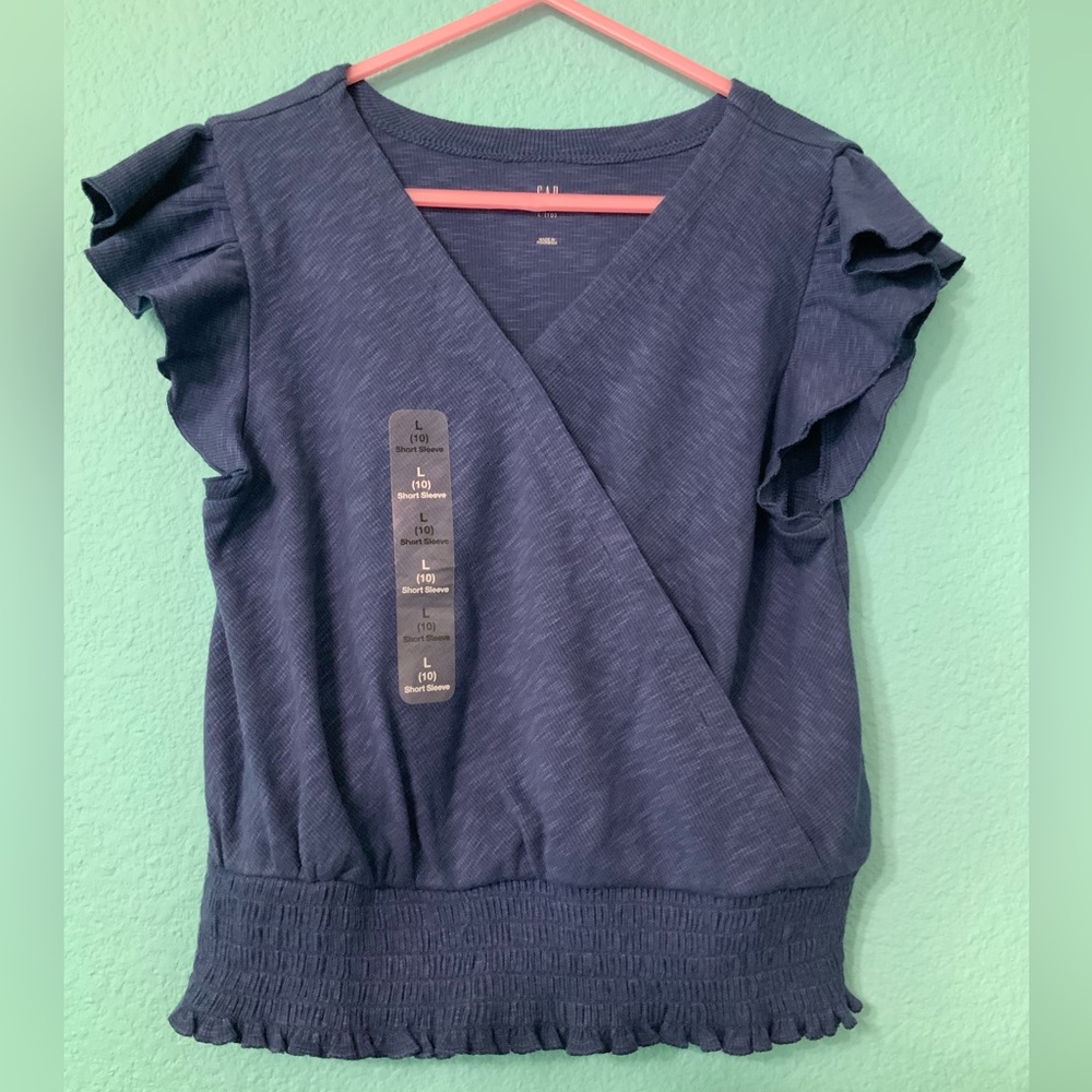 NWT Kids Wrap Top, Ruffled Cap Sleeve, Blue, L (10)